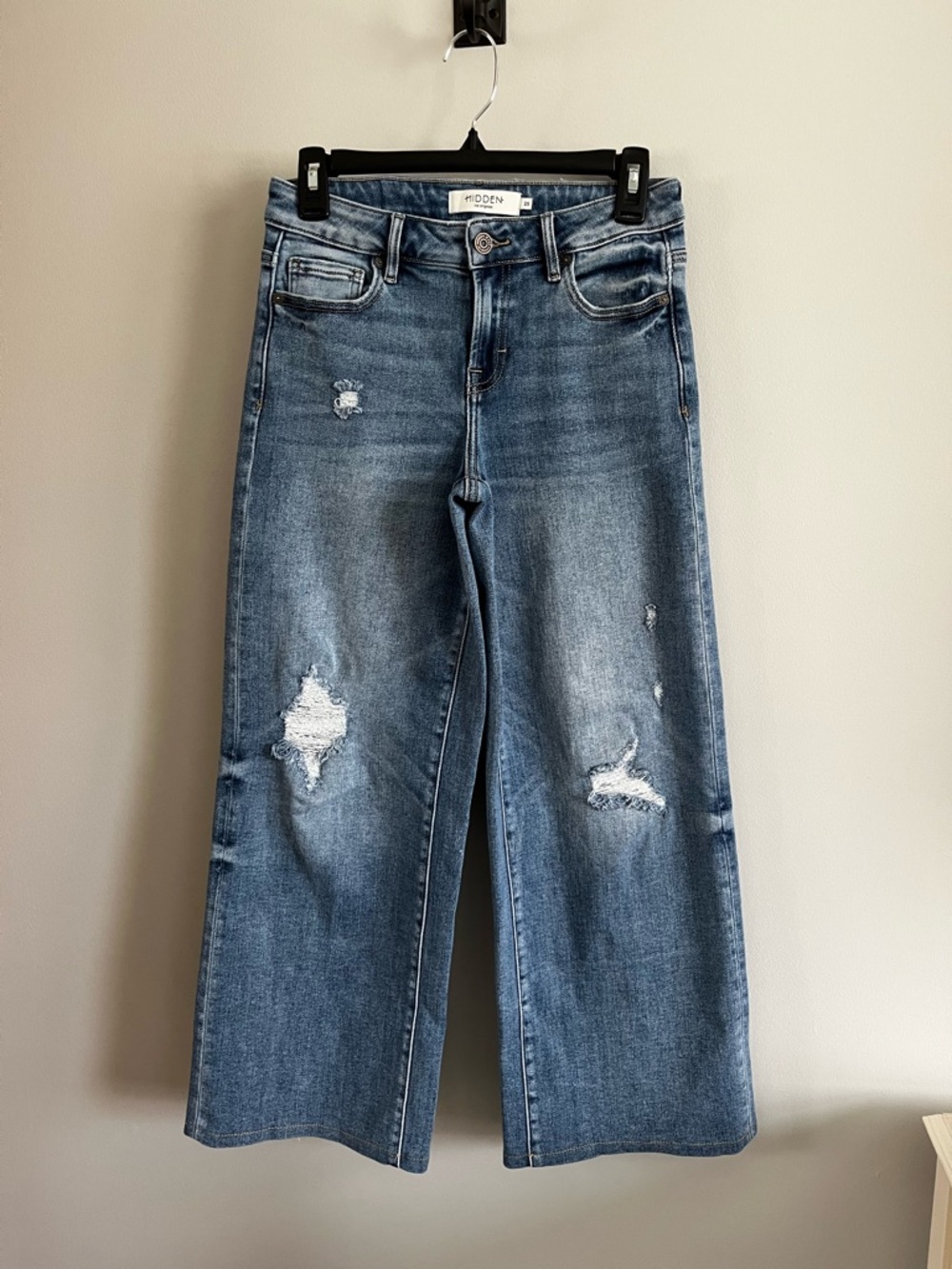 SOLD.     Hidden Wide Leg Distressed Jeans Short Inseam